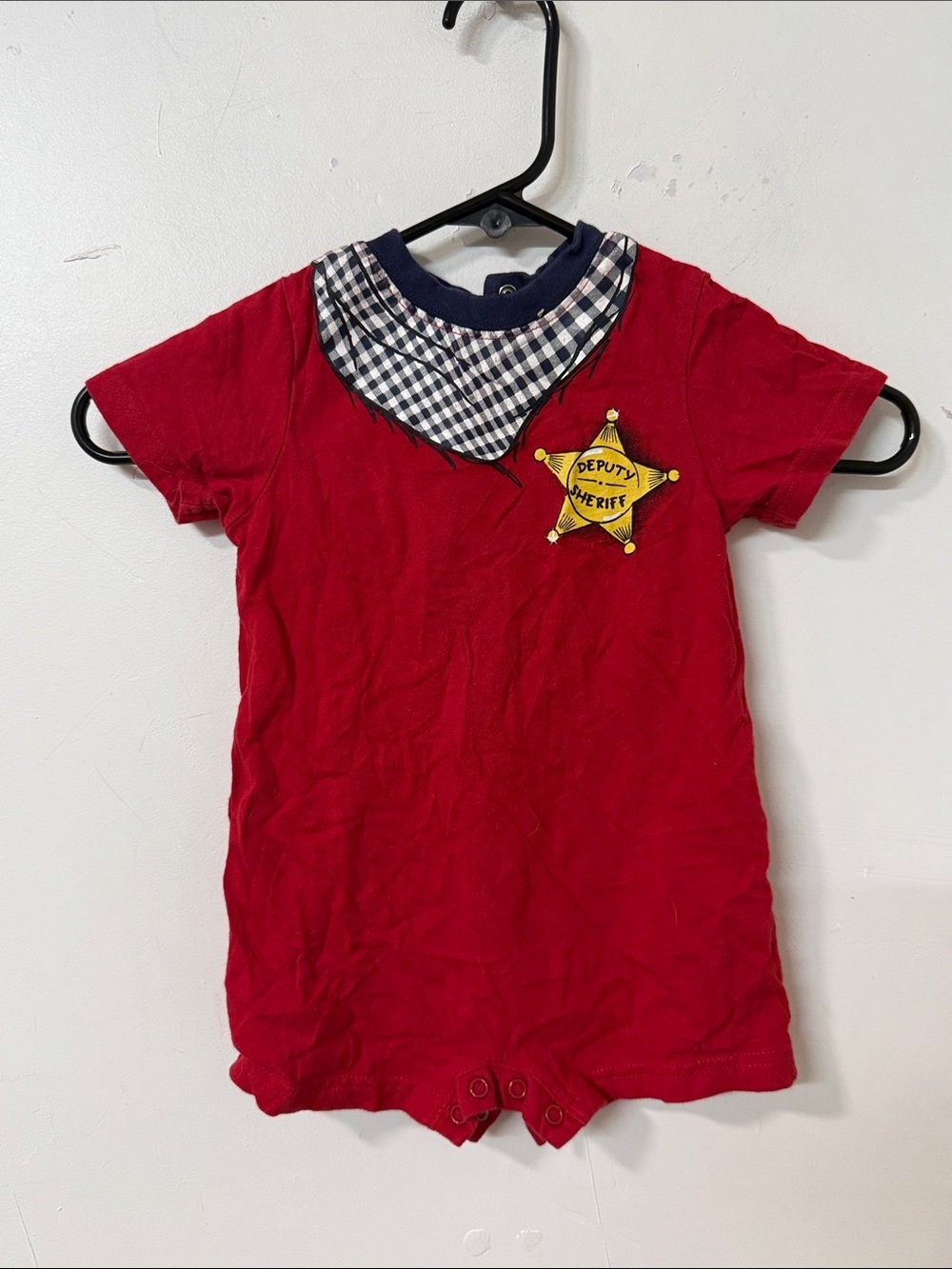 okie dokie Red Deputy Sheriff Short-Sleeve Romper with Navy-Check Bib Y2K